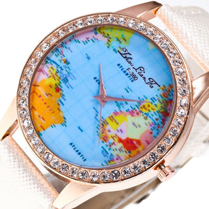Women World Map Quartz Leather Analog Wrist  Watch Round Case Watch