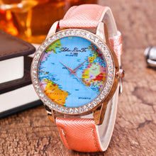 Women World Map Quartz Leather Analog Wrist  Watch Round Case Watch