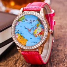Women World Map Quartz Leather Analog Wrist  Watch Round Case Watch