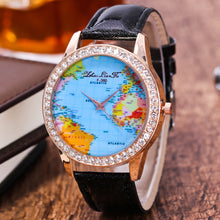 Women World Map Quartz Leather Analog Wrist  Watch Round Case Watch